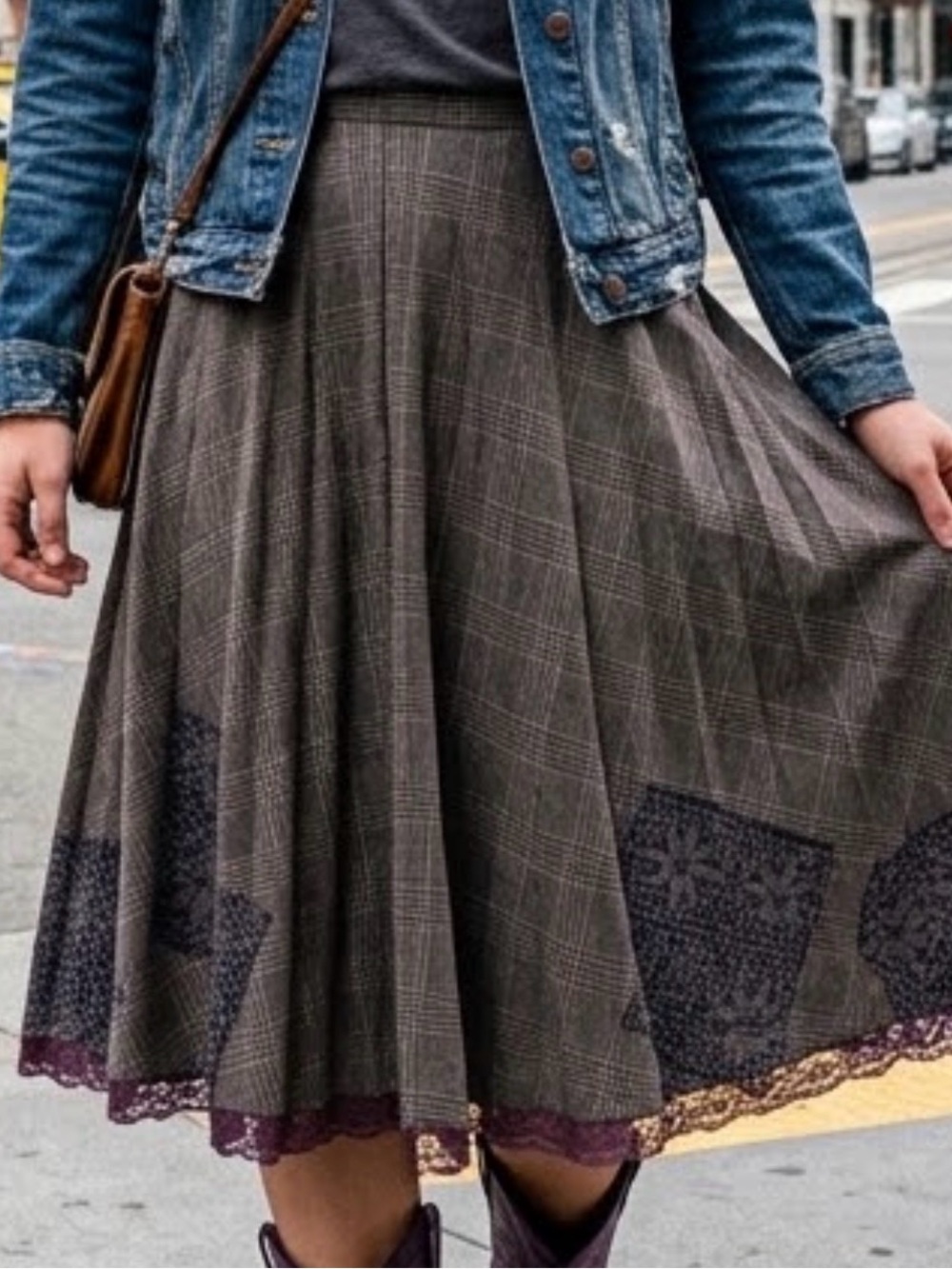 Vintage A-Line Plaid Brown Circle Skirt with Decorative Hem